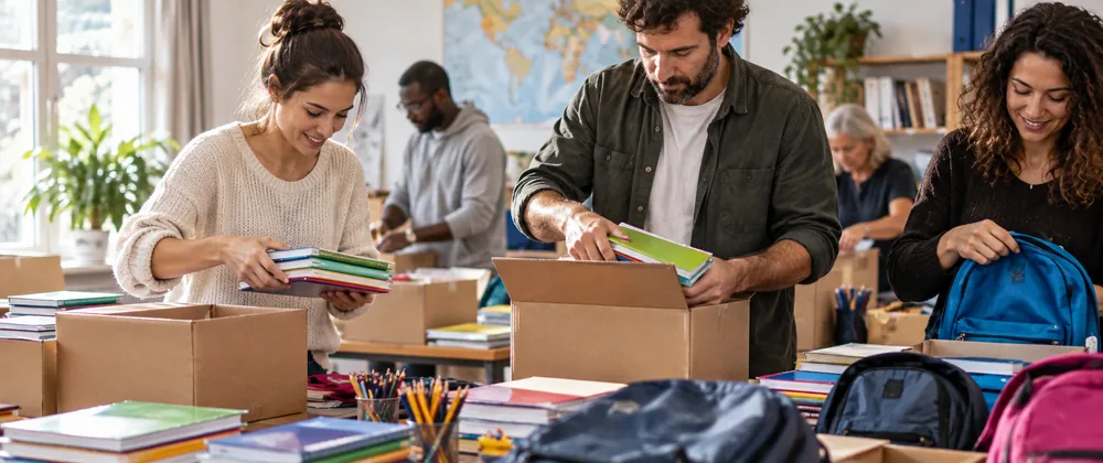 Bénévoles préparant des fournitures scolaires pour une action éducative