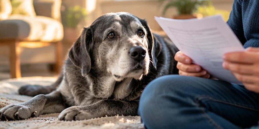 Chien senior tranquille à côté de son propriétaire lisant un contrat