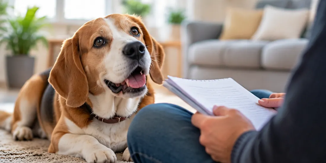 Chien beagle au salon devant une personne remplissant un formulaire