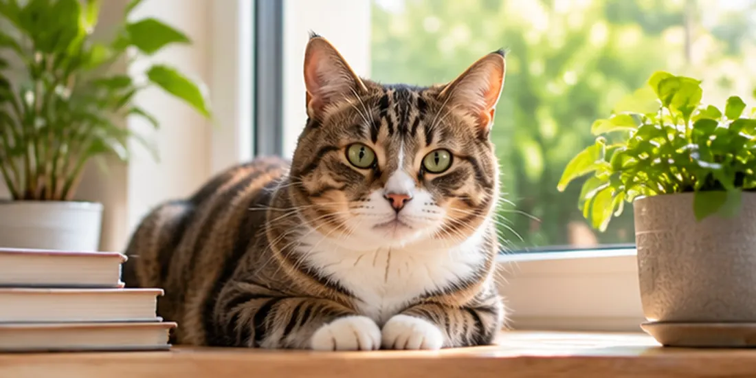 Chat tigré au soleil près d’une fenêtre