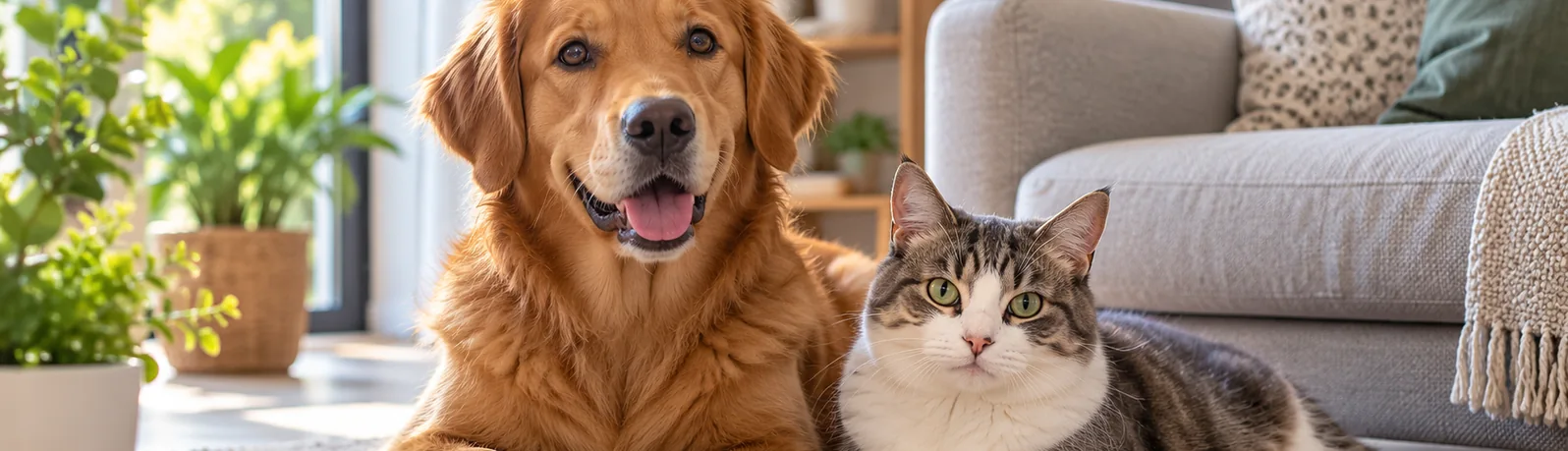 Un chien et un chat dans un salon familial