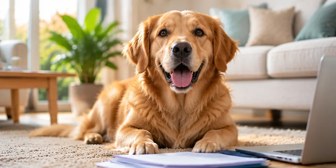 Chien golden retriever reposant près de documents administratifs