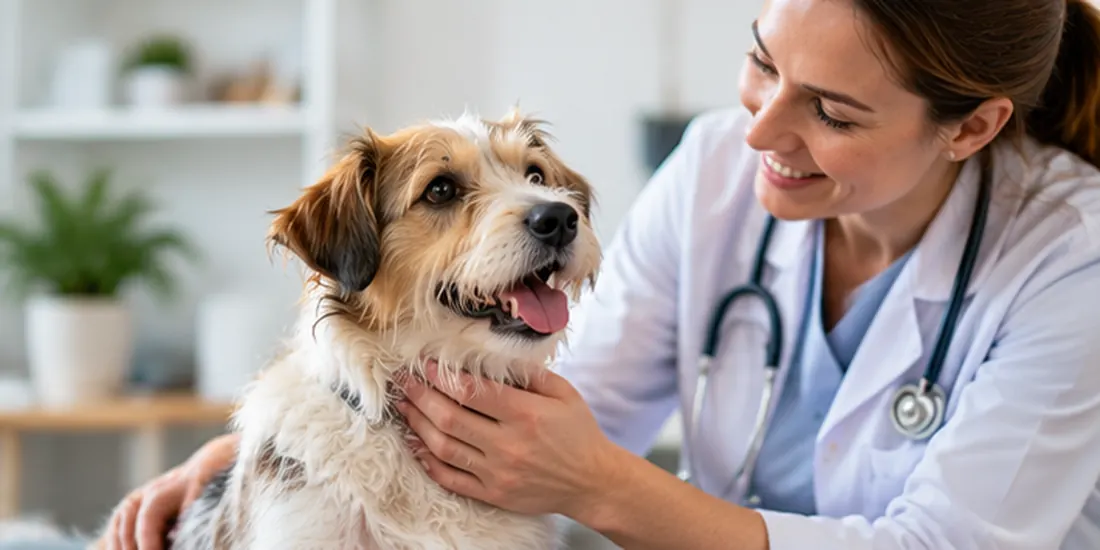 Petit chien accueilli par une vétérinaire en cabinet lumineux