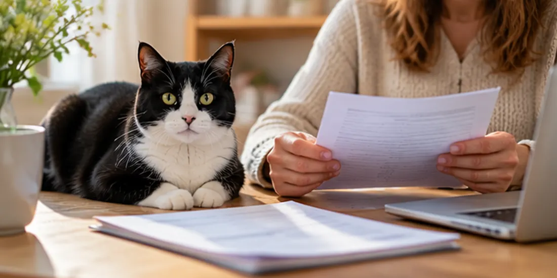 Chat noir et blanc à côté d’une personne consultant des documents d’assurance