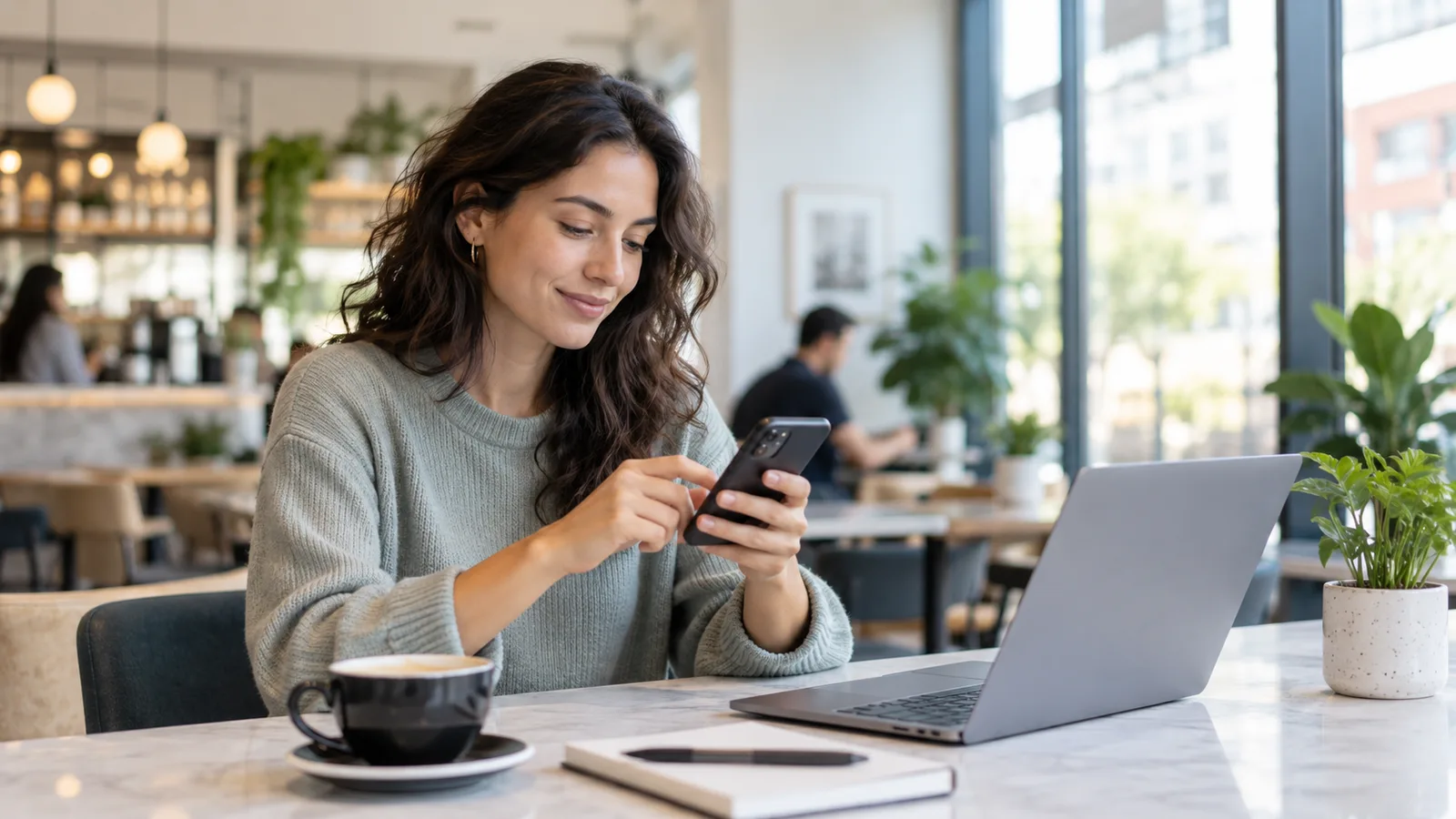 Personne utilisant un smartphone pour gérer son forfait mobile