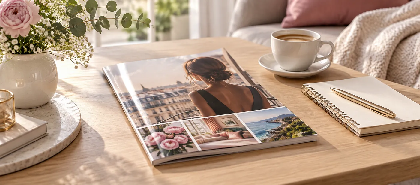 Magazine d’actualité et d’art de vivre posé sur une table avec une tasse de café