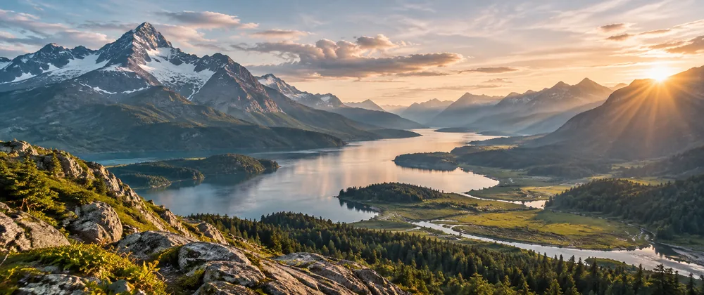 Paysage de montagne et lac, illustration du magazine GEO