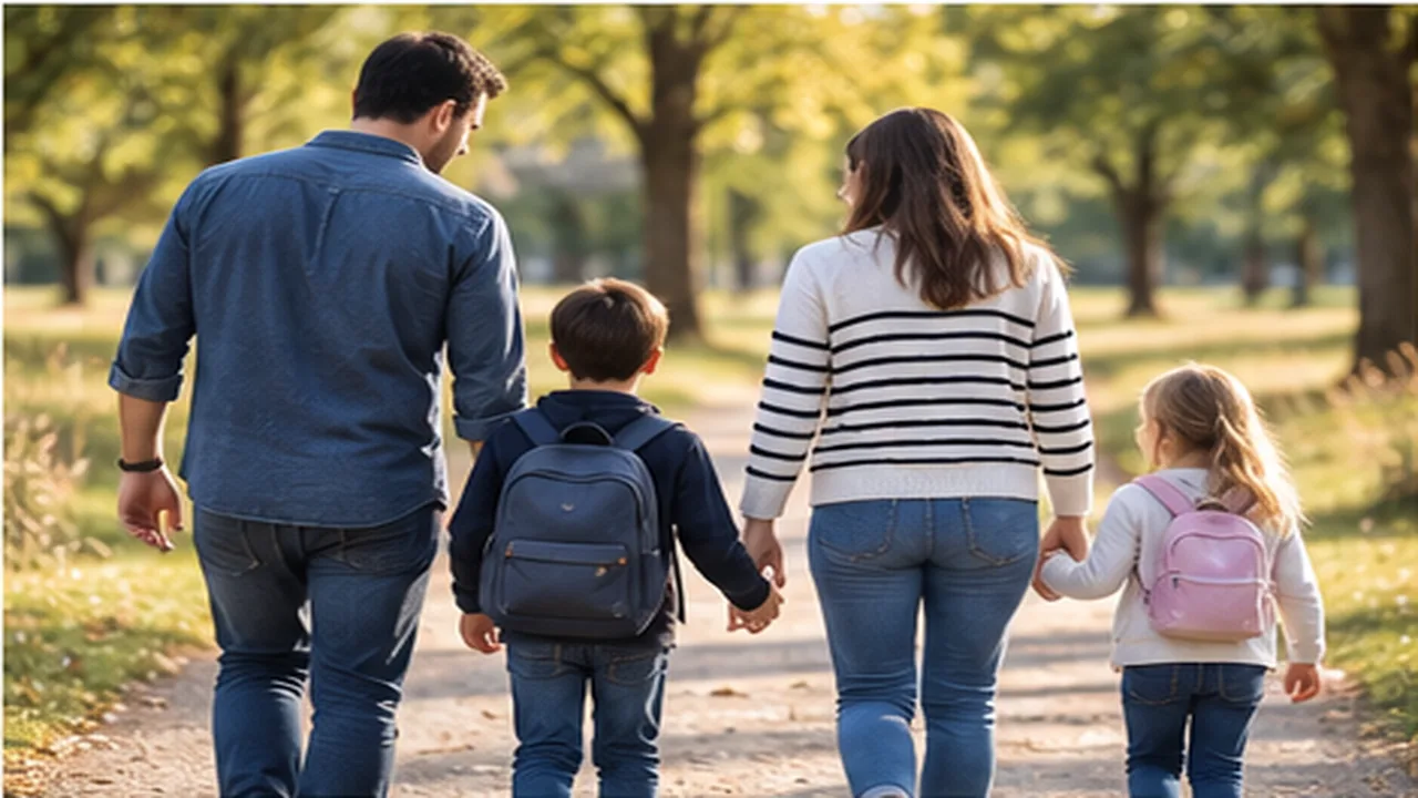 Famille marchant ensemble dans un parc