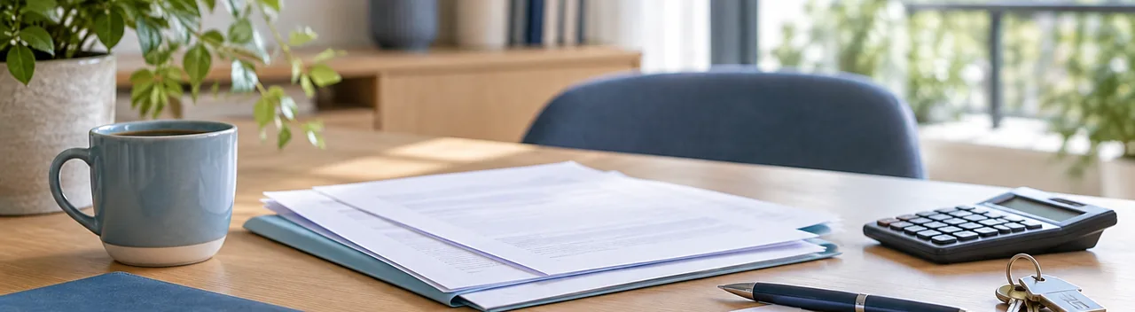 Documents, relevés et clés sur un bureau pour préparer une démarche bancaire
