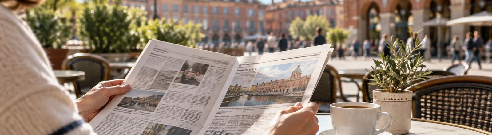 Lecture d'un journal régional à la terrasse d'un café
