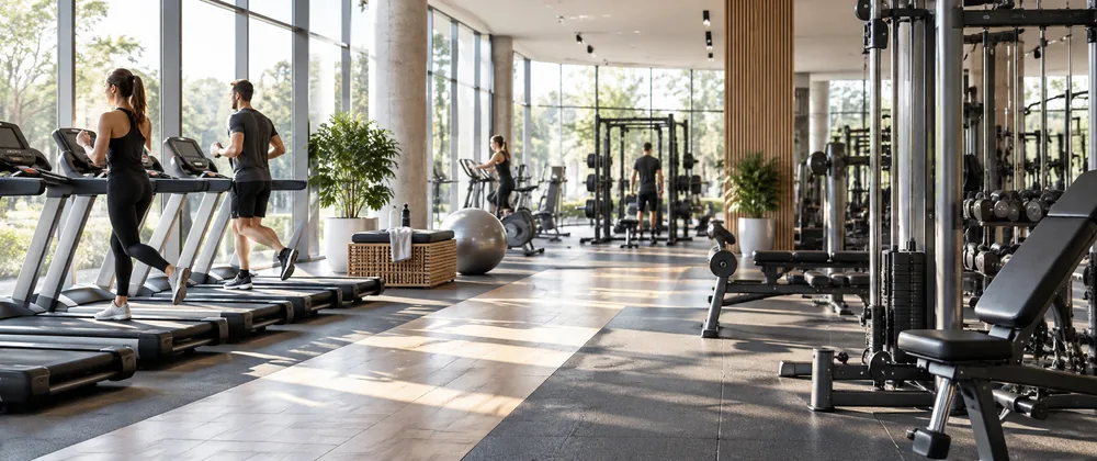 Salle de sport moderne et lumineuse avec espace cardio et musculation