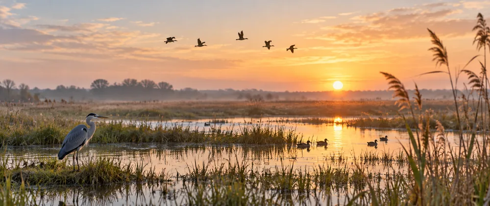 Oiseaux dans une zone humide au lever du soleil