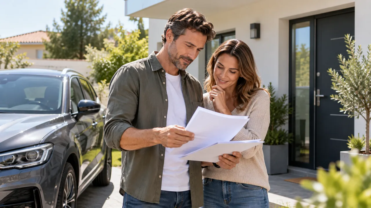 Couple consultant son contrat d’assurance habitation devant sa maison