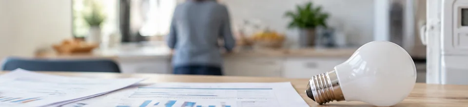 Factures, calculatrice et ampoule illustrant un litige de consommation d’énergie.