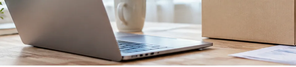Ordinateur, colis et documents de commande sur un bureau de vente en ligne.