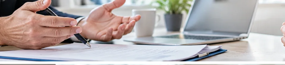 Deux personnes échangent autour de documents pour résoudre un litige de consommation.