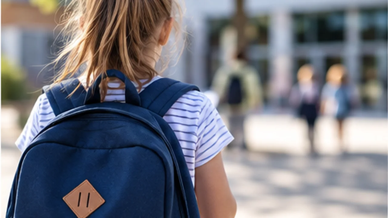 Enfant avec un sac à dos devant son établissement scolaire