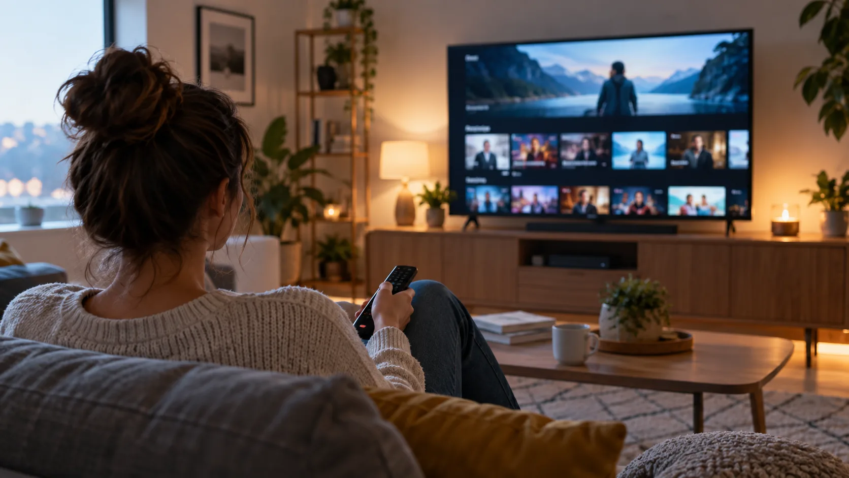 Personne regardant un service de streaming dans un salon moderne