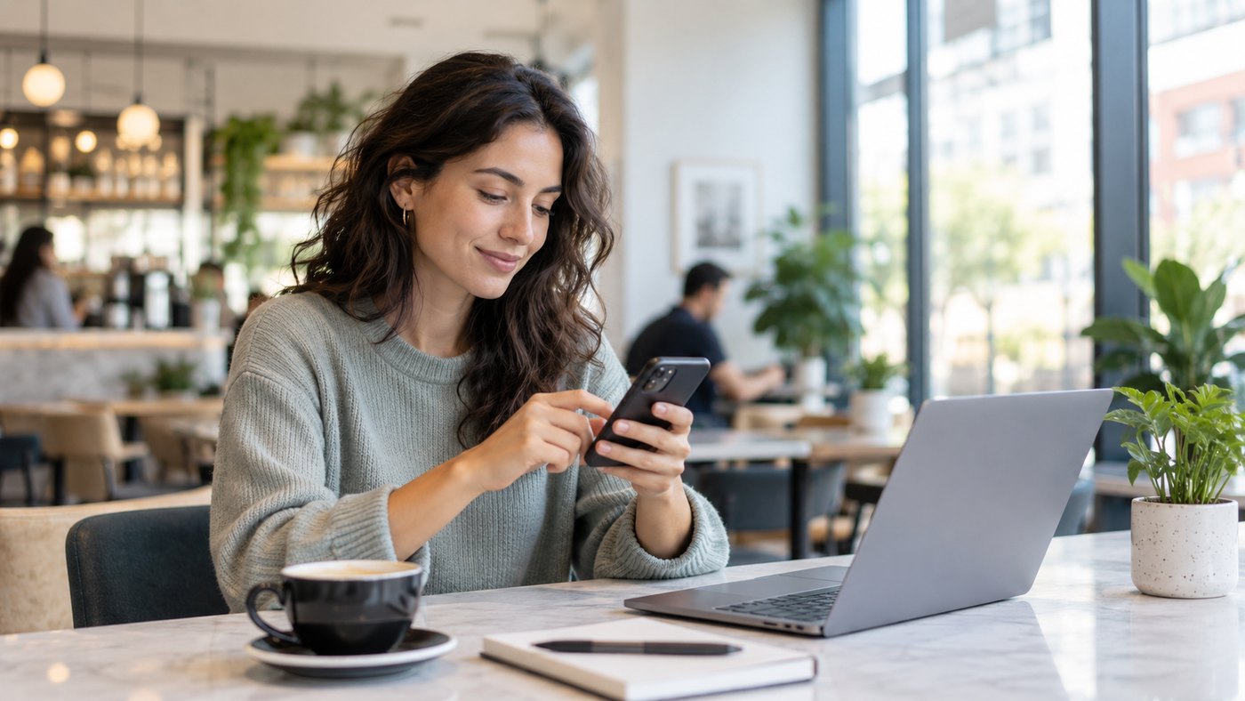 Personne utilisant un smartphone dans un café moderne, illustration d'un forfait NRJ Mobile