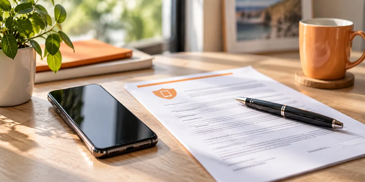Téléphone, contrat d'assurance et stylo sur un bureau lumineux