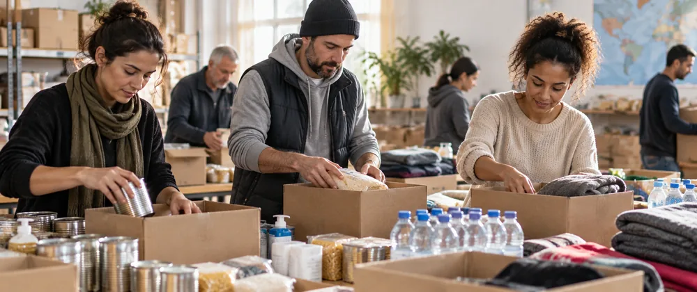Bénévoles préparant des colis de produits essentiels pour une action solidaire