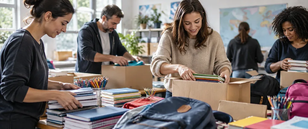 Bénévoles préparant des fournitures scolaires pour une action solidaire