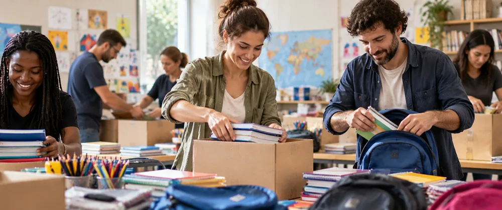 Bénévoles préparant des fournitures scolaires dans le cadre d'une action de solidarité internationale
