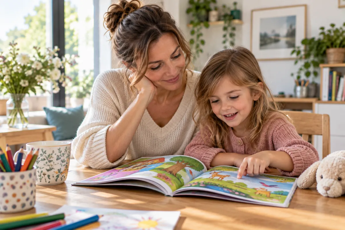 Une mère et sa fille lisant ensemble un magazine jeunesse à la maison