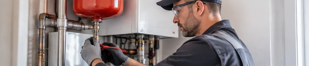 Technicien vérifiant le circuit d’une chaudière domestique