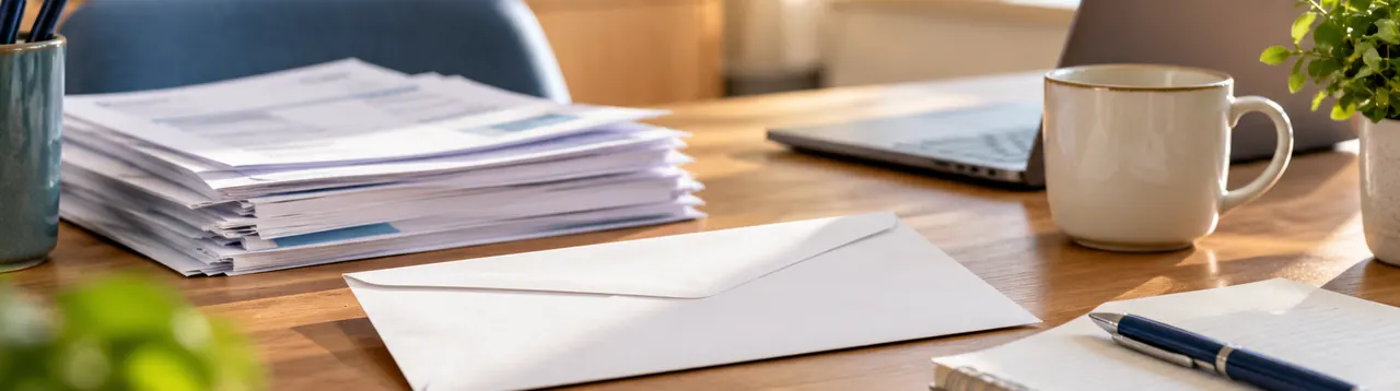 Documents bancaires, courrier et enveloppe sur un bureau pour préparer une réclamation