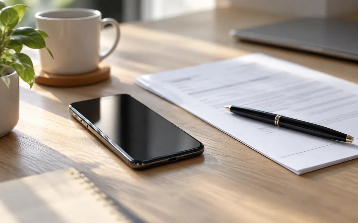 Documents, stylo et téléphone pour préparer une réclamation écrite