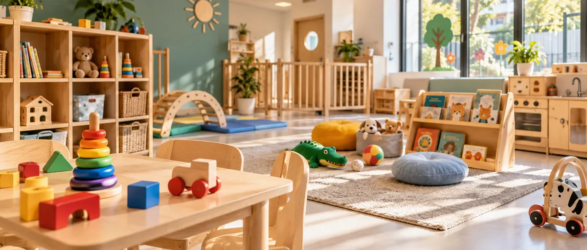 Salle de crèche lumineuse aménagée avec jeux, livres et meubles adaptés aux jeunes enfants