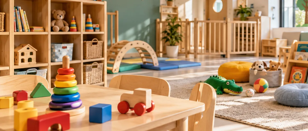 Livres et jeux pédagogiques dans une salle de crèche