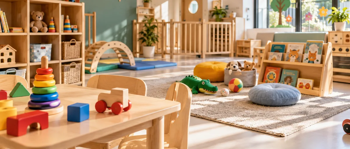 Pièce de vie d’une crèche équipée de livres et jouets pour les petits enfants