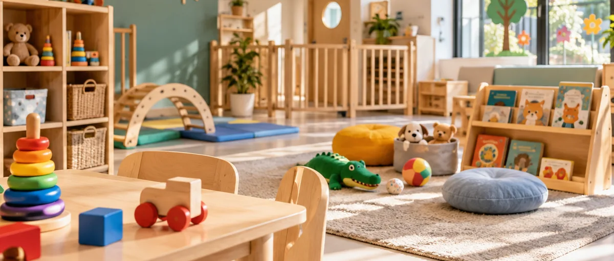 Jouets en bois et mobilier d’un espace de jeux de petite enfance