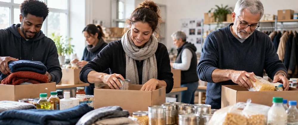 Bénévoles préparant des colis alimentaires et des vêtements dans une association solidaire
