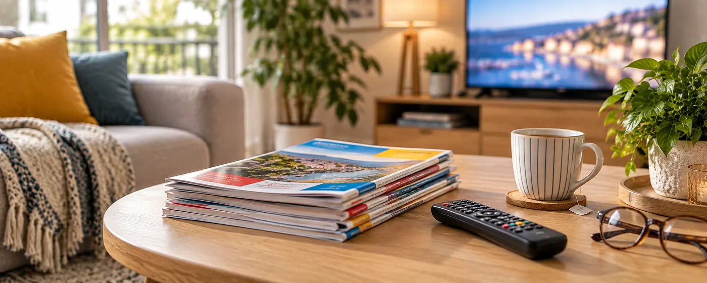 Magazines et télécommande sur une table de salon, devant un téléviseur