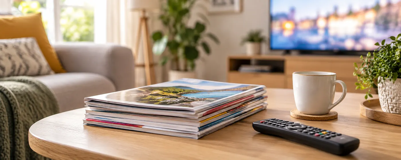 Magazines et télécommande sur une table de salon, devant un téléviseur