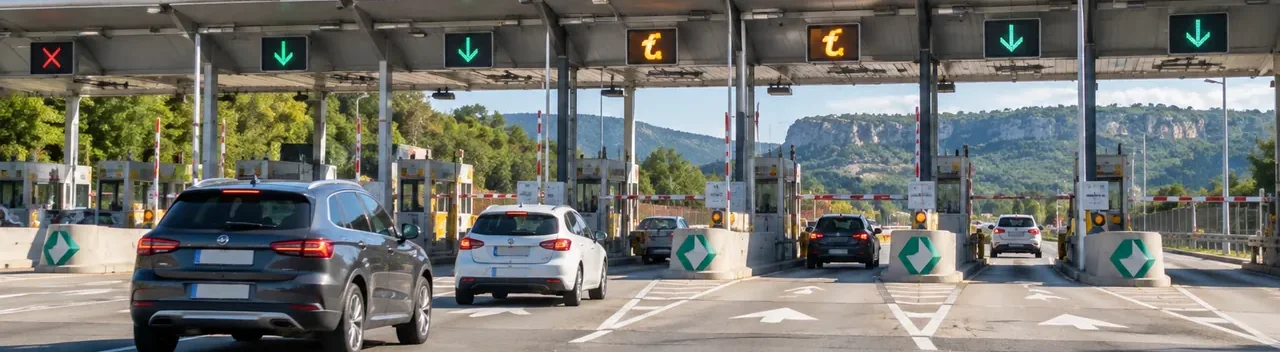 Voitures empruntant les voies de télépéage d'une autoroute