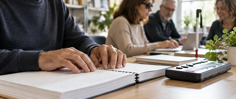 Personne lisant un document en braille avec un afficheur braille dans un espace de travail inclusif