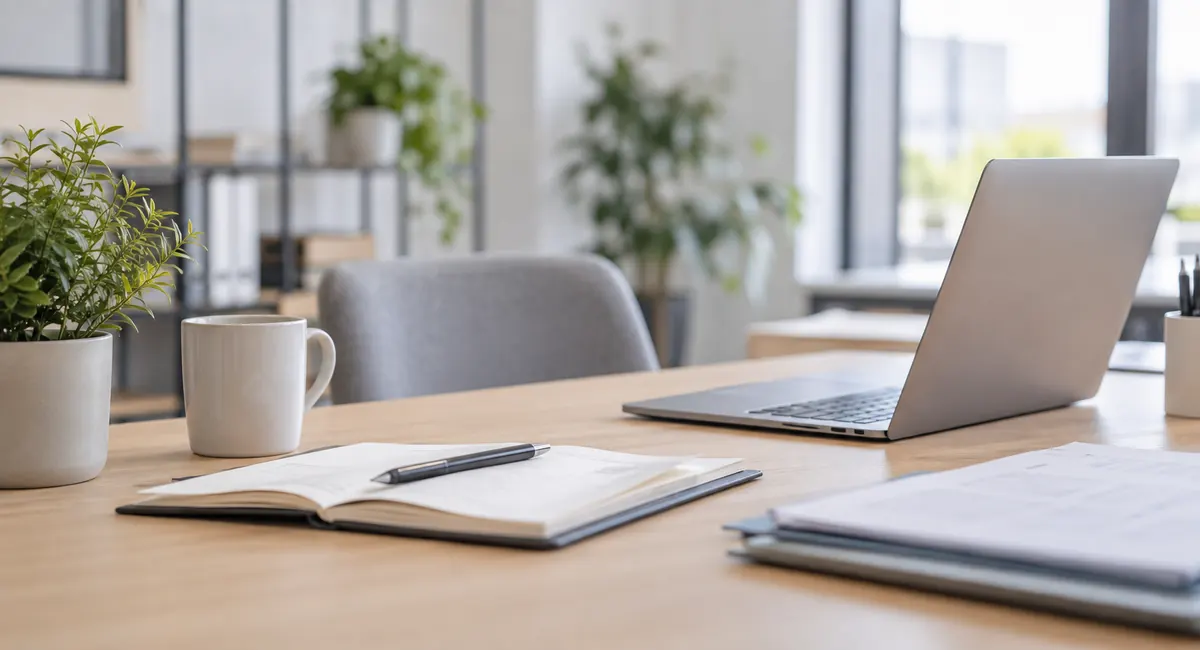 Espace de travail avec ordinateur, carnet et documents professionnels